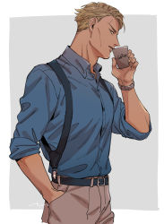 Rule 34 | 1boy, belt, black belt, blue shirt, coffee, collared shirt, cup, drinking, grey pants, hand in pocket, holding, holding cup, jujutsu kaisen, kijinkutsu, long sleeves, looking at viewer, male focus, nanami kento, pants, ryoumen sukuna (jujutsu kaisen), shirt, sleeves rolled up, solo, suspenders, upper body, watch, yellow eyes