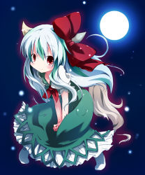 Rule 34 | 1girl, aged down, bad id, bad pixiv id, bow, colorized, dress, ex-keine, female focus, full body, full moon, gradient background, green eyes, grune, highres, horns, kamishirasawa keine, long hair, moon, night, outdoors, red eyes, shichinose, sky, smile, solo, tail, touhou
