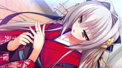 Rule 34 | 1girl, blush, bow, brown eyes, daizenji suzuka, female focus, game cg, grey hair, hair bow, hair ornament, highres, japanese clothes, jewelry, kimono, reminiscence, reminiscence re:collect, ring, solo, tomose shunsaku, traditional clothes