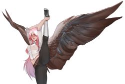 Rule 34 | 1girl, absurdres, ahoge, angel, angel wings, belt, breasts, commentary, cowboy shot, english commentary, gradient hair, haohi (less), high heels, highres, less, long hair, medium breasts, multicolored hair, original, pants, pink hair, red eyes, simple background, solo, split, standing, standing on one leg, standing split, two-tone hair, very long hair, white background, white hair, wings