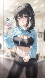 Rule 34 | 1girl, absurdres, black hair, black leggings, black shirt, blue eyes, blue hoodie, blurry, blurry background, breasts, cellphone, cleavage, contrapposto, cowboy shot, crop top, depth of field, drawstring, earpiece, hand up, highres, holding, holding phone, hood, hood down, hoodie, iphone 12 pro, jewelry, large breasts, leggings, long hair, long sleeves, looking at viewer, midriff, mole, mole on breast, mole under eye, navel, navel piercing, oert129, open mouth, original, phone, piercing, ponytail, ring, shirt, shrug (clothing), sidelocks, smartphone, solo, standing, stomach, sweat, zipper, zipper pull tab