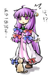 Rule 34 | 1girl, ^^^, ahoge, animal ears, ascot, bad id, bad pixiv id, bow, cat, cat ears, crescent, dress, earrings, female focus, hair bow, jewelry, long hair, natsuki (silent selena), patchouli knowledge, purple eyes, purple hair, simple background, single earring, solo, standing, touhou, translation request, white background