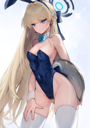 Rule 34 | 1girl, animal ears, blonde hair, blue archive, blue eyes, blue leotard, bow, bowtie, braid, breasts, detached collar, fake animal ears, gluteal fold, halo, holding, holding tray, ito uuu, leotard, long hair, looking at viewer, medium breasts, multicolored hair, official alternate costume, playboy bunny, rabbit ears, solo, strapless, strapless leotard, streaked hair, thighhighs, toki (blue archive), toki (bunny) (blue archive), tray, very long hair, white thighhighs, wrist cuffs