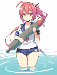 Rule 34 | 10s, 1girl, ahoge, bad id, bad pixiv id, blush, hair ornament, hair ribbon, holding, i-168 (kancolle), kantai collection, kekemotsu, long hair, looking at viewer, onow, ponytail, red eyes, red hair, ribbon, school swimsuit, school uniform, serafuku, smile, swimsuit, swimsuit under clothes, thigh gap, torpedo, very long hair, wading, water
