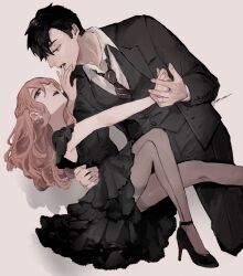 Rule 34 | 1boy, 1girl, absurdres, black dress, black hair, black suit, brown eyes, collared shirt, couple, dress, earrings, enimo, eye contact, formal, hetero, high heels, highres, holding hands, jewelry, light brown hair, long hair, looking at another, necktie, open mouth, original, pantyhose, shirt, suit