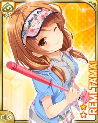 Rule 34 | 1girl, bare legs, blue jacket, brown eyes, brown hair, card (medium), dress, girlfriend (kari), golf, golf club, jacket, looking at viewer, low twintails, official art, one eye closed, qp:flapper, smile, solo, standing, tagme, tamai remi, twintails, white dress, yellow background
