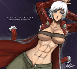 Rule 34 | 1girl, abs, arms up, belt bra, breasts, capcom, dante, dante (devil may cry), devil may cry (series), gender request, genderswap, grey eyes, jacket, john joseco, large breasts, lips, long coat, midriff, muscular, nail polish, open clothes, open fly, open jacket, short hair, signature, solo, unbuttoned, underboob, unzipped, watermark, white hair