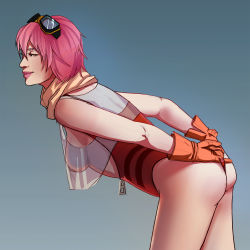 Rule 34 | ass, breasts, flcl, gloves, goggles, half-closed eyes, haruhara haruko, hen tie studio, highres, leotard, nipples, realistic, see-through, self-upload, solo, thong, wedgie