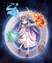 Rule 34 | 1girl, cable, crescent, crescent hat ornament, dress, female focus, fire, fire, full body, geokinesis, ham (points), hat, hat ornament, hydrokinesis, loafers, long sleeves, looking at viewer, magic, mob cap, patchouli knowledge, pink dress, purple eyes, pyrokinesis, shaded face, shoes, solo, standing, touhou, water, wind