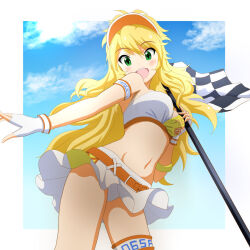 Rule 34 | 1girl, ahoge, armband, bare shoulders, belt, bikini, bikini top only, blonde hair, blue sky, blush, breasts, brown belt, checkered flag, clothes lift, cloud, cowboy shot, dot nose, fingerless gloves, flag, from below, gloves, gradient background, green eyes, grid background, hat, highres, holding, holding flag, hoshii miki, idolmaster, idolmaster (classic), idolmaster million live!, idolmaster million live! theater days, long hair, looking at viewer, medium breasts, navel, open mouth, orange hat, outside border, panties, pantyshot, pleated skirt, race queen, skirt, skirt lift, sky, smile, solo, standing, swimsuit, teeth, thigh strap, two-tone bikini, underwear, upper teeth only, visor cap, white armband, white gloves, white panties, white skirt, wind, wind lift, yoc-kun