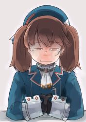 Rule 34 | 1girl, ascot, beret, black gloves, blue hat, brown eyes, brown hair, commentary request, cosplay, enjaku izuku, gloves, grey background, hat, highres, kantai collection, long hair, looking at viewer, military, military uniform, own hands clasped, own hands together, ryuujou (kancolle), simple background, solo, takao (kancolle), takao (kancolle) (cosplay), twintails, uniform, upper body, white ascot