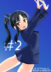 Rule 34 | 1girl, absurdres, aohashi ame, arms up, ass, black hair, blue background, blue jacket, blue one-piece swimsuit, brown eyes, commentary request, copyright name, cowboy shot, from side, hattori shizuka, highres, jacket, long hair, looking at viewer, looking back, military, military uniform, one-piece swimsuit, open mouth, ponytail, sidelocks, smile, solo, standing, strike witches, swimsuit, swimsuit under clothes, uniform, world witches series