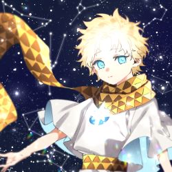 Rule 34 | 1boy, baggy clothes, blonde hair, blue eyes, blurry, bright pupils, cancer (constellation), capricorn (constellation), constellation, fate/grand order, fate/requiem, fate (series), glowing, gradient hair, libra (constellation), looking at viewer, male focus, multicolored hair, nerd rf, open hand, parted bangs, scarf, short sleeves, sky, smile, solo, space, sparkle, star (sky), star (symbol), starry background, starry sky, taurus (constellation), upper body, voyager (fate), voyager (first ascension) (fate), yellow scarf