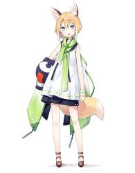 Rule 34 | 1girl, animal ear fluff, animal ears, arm at side, blonde hair, blue eyes, blush, commentary request, dress, fang, fox ears, fox tail, full body, green scarf, holding, jpeg artifacts, kuroino (poco), looking at viewer, open mouth, original, poco (asahi age), sandals, scarf, shiratama kitsune, short hair, simple background, sleeveless, sleeveless dress, solo, standing, tail, white background, wrist cuffs