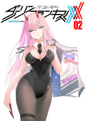 Rule 34 | 1girl, animal ears, bad id, bad pixiv id, bag, black leotard, black neckwear, bow, bowtie, breasts, card, copyright name, cowboy shot, darling in the franxx, detached collar, fake animal ears, green eyes, highres, horns, kooemong, leotard, logo, long hair, looking at viewer, medium breasts, necktie, oni horns, pantyhose, pink hair, playboy bunny, rabbit ears, rabbit girl, rabbit tail, red horns, shopping bag, simple background, solo, strapless, strapless leotard, tail, thighband pantyhose, white background, zero two (darling in the franxx)