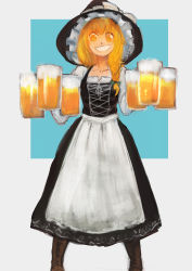 Rule 34 | 1girl, adapted costume, alcohol, alternate costume, apron, beer, black dress, boots, bow, braid, cross-laced footwear, dirndl, dress, german clothes, grin, hair bow, hair ornament, haru akira, hat, hat ribbon, kirisame marisa, lace-up boots, long sleeves, looking at viewer, matching hair/eyes, oktoberfest, orange eyes, orange hair, ribbon, short hair, side braid, single braid, smile, smirk, solo, touhou, waist apron, witch hat
