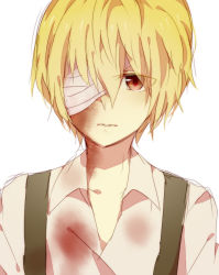 Rule 34 | 1boy, bad id, bad pixiv id, bandage over one eye, bandages, blonde hair, blood, blood on clothes, blouse, collarbone, dio (mad father), dorarudo, eyes visible through hair, looking at viewer, mad father, male focus, one eye covered, red eyes, shirt, short hair, simple background, sketch, skirt, solo, suspenders, upper body, white background, white shirt, white skirt