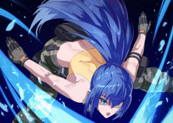 Rule 34 | 1girl, bare shoulders, blue eyes, blue hair, camouflage, camouflage pants, earrings, gloves, jewelry, leona heidern, open mouth, pants, ponytail, slashing, sleeveless, snk, solo, tank top, the king of fighters, the king of fighters xv, toned, triangle earrings, yagi2013, yellow tank top