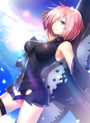 Rule 34 | 1girl, arm up, armored leotard, bare shoulders, black gloves, black leotard, blue sky, blush, breasts, commentary request, day, dutch angle, elbow gloves, fate/grand order, fate (series), gloves, hair over one eye, holding, holding shield, kagachi saku, large breasts, leotard, looking at viewer, mash kyrielight, outdoors, parted lips, pink hair, purple eyes, shield, short hair, signature, sky, solo