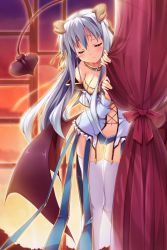 Rule 34 | 1girl, bare shoulders, blush, breasts, cleavage, curtain grab, curtains, demon girl, demon tail, detached sleeves, erect!, closed eyes, game cg, garter straps, hair ribbon, hiding, highres, horns, leaning forward, legs, long hair, low wings, lunastia asteel, navel, open mouth, outline, piromizu, ribbon, silver hair, sky, solo, sunset, tail, thigh gap, thighhighs, thighs, white thighhighs, wings