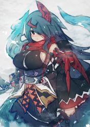 Rule 34 | 10s, 1girl, bare shoulders, blue hair, blush, breasts, brown eyes, chain chronicle, chiyome (chain chronicle), detached sleeves, dual wielding, eyepatch, hair over one eye, highres, holding, japanese clothes, katana, kimono, large breasts, long hair, looking at viewer, mamuru, ninja, original, red eyes, scarf, sketch, solo, sword, weapon
