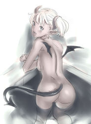 Rule 34 | 1girl, :d, ass, black eyes, blush, breasts, demon girl, demon tail, demon wings, from behind, horns, kneeling, looking at viewer, looking back, nishieda, nude, open mouth, original, partially submerged, pointy ears, short hair, short twintails, smile, solo, demon girl, tail, twintails, water, wings