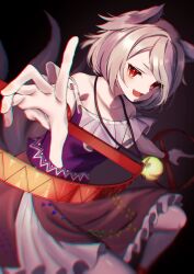 Rule 34 | 1girl, animal ears, chromatic aberration, bear trap, jewelry, mitsugashira enoko, multiple tails, necklace, red eyes, shirt, sleeveless, sleeveless shirt, tail, touhou, unfinished dream of all living ghost, white hair, wolf ears, wolf tail