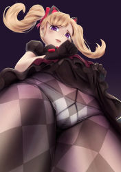 Rule 34 | 1girl, alternate hair color, alternate hairstyle, animal ears, black cat d.va, cameltoe, carbon12th, cat ears, checkered clothes, checkered legwear, clothes lift, commentary, d.va (overwatch), dress, dress lift, fake animal ears, from below, gothic lolita, highres, lolita fashion, official alternate costume, overwatch, overwatch 1, panties, panties under pantyhose, pantyhose, parted lips, purple eyes, smile, solo, twintails, underwear