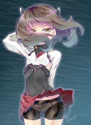 Rule 34 | 10s, 1girl, artist name, bike shorts, brown eyes, brown hair, clothes lift, covered mouth, gradient background, hair blowing, highres, imu sanjo, kantai collection, panties under bike shorts, see-through, signature, skirt, skirt lift, solo, taihou (kancolle), wind, wind lift