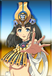 Rule 34 | 1girl, ancient princess menace, bandages, black hair, blue eyes, breasts, crown, duugii, earrings, egyptian, jewelry, large breasts, lipstick, looking at viewer, lots of jewelry, makeup, menace (queen&#039;s blade), menace (queen's blade), midriff, queen&#039;s blade, ring, shadow, solo, underboob
