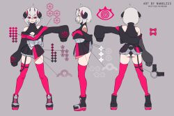 Rule 34 | 1girl, absurdres, artist name, ass, back, boots, bow, character sheet, commentary, english commentary, from side, full body, grey background, grey hair, hair between eyes, highres, horns, indie virtual youtuber, multiple horns, multiple views, nano (nanoless), nanoless, oversized clothes, panties, patreon username, sharp teeth, short hair, simple background, skindentation, skirt, smile, standing, teeth, thighhighs, twitter username, underwear, virtual youtuber, watermark