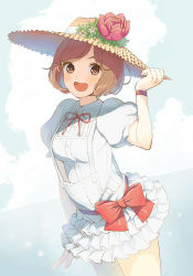 Rule 34 | 1girl, :d, bow, brown eyes, brown hair, center frills, commentary request, cowboy shot, daigoman, flower, frilled skirt, frills, hand on headwear, hat, hat flower, looking at viewer, meiko (vocaloid), neck ribbon, open mouth, overall skirt, puffy short sleeves, puffy sleeves, red bow, red ribbon, ribbon, sakine meiko, short hair, short sleeves, skirt, smile, solo, sun hat, swept bangs, vocaloid, white skirt, wristband