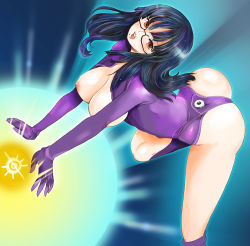 Rule 34 | 1girl, :o, arm support, ass, bent over, black-framed eyewear, black hair, blush, boots, breasts, breasts out, cleavage, dutch angle, from side, glasses, gloves, glowing, hanging breasts, kazaana, knee boots, large breasts, leg lift, leotard, long hair, long sleeves, looking at viewer, mole, mole under mouth, nipples, open mouth, original, outline, red eyes, solo, thong, thong leotard