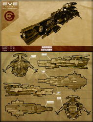 Rule 34 | 3d, battleship (eve online), blueprint (medium), brown theme, caldari state (eve online), character sheet, commentary, concept art, copyright name, english text, eve online, from side, glowing, highres, logo, military vehicle, mirage876, multiple views, no humans, original, science fiction, spacecraft, thrusters, vehicle focus