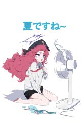 Rule 34 | 1girl, bare legs, barefoot, blue archive, blue eyes, fan, food, halo, hat, hot, iroha (blue archive), japanese text, long hair, miniskirt, peaked cap, popsicle, red hair, shirt, skirt, smile, solo, summer, sweat, very long hair, wavy hair, white background, yugeonu19