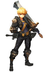 Rule 34 | 1boy, absurdres, armor, belt, belt buckle, blonde hair, buckle, daeho cha, emblem, gauntlets, greaves, hand on own hip, highres, holding, holding sword, holding weapon, lion, male focus, medium hair, original, pauldrons, red eyes, scabbard, sheath, shoulder armor, simple background, smile, solo, sword, weapon, white background