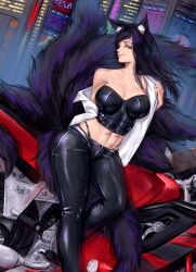 Rule 34 | 1girl, artist name, black eyes, black hair, black pants, breasts, collarbone, commission, crop top, fox girl, fox tail, kitsune, large breasts, long hair, looking at viewer, motor vehicle, motorcycle, multiple tails, navel, original, outdoors, pants, shiny clothes, shirt, single bare shoulder, sleepingsol, smile, solo, standing, stomach, strapless, tail, white shirt, yuki (jdrakeauthor)