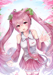 Rule 34 | 1girl, :d, absurdres, alternate color, cherry blossoms, cherry hair ornament, collared shirt, commentary request, detached sleeves, flower, food-themed hair ornament, hair ornament, hatsune miku, highres, long hair, looking at viewer, necktie, okome (okome 0627ha), open mouth, pink eyes, pink flower, pink hair, pink necktie, pink skirt, pink sleeves, pink thighhighs, sakura miku, shirt, skirt, smile, solo, standing, thighhighs, twintails, very long hair, vocaloid, white shirt, zettai ryouiki