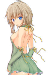 Rule 34 | 1girl, ass, asymmetrical hair, back, backless dress, backless outfit, bad id, bad tinami id, bare back, bare shoulders, blue eyes, blush, breasts, brown hair, detached sleeves, dress, from behind, from side, green dress, green skirt, halterneck, light brown hair, lips, looking at viewer, looking back, medium breasts, microdress, no panties, orange ribbon, original, ribbon, ribucci, see-through, shiny skin, sideboob, simple background, skirt, sleeves past wrists, smile, solo, white background