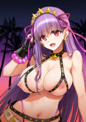 Rule 34 | 1girl, bare shoulders, bb (fate), bb (fate) (all), bb (swimsuit mooncancer) (fate), bb (swimsuit mooncancer) (second ascension) (fate), bead bracelet, beads, belt, black garter belt, black gloves, blush, bracelet, breasts, cleavage, collarbone, cupless bikini, fate/grand order, fate (series), fingerless gloves, garter belt, gloves, gradient sky, hair ornament, hair ribbon, hairband, highres, jewelry, large breasts, long hair, looking at viewer, loose belt, nail polish, navel, nipples, open mouth, orange sky, palm tree, puffy nipples, purple hair, purple sky, red eyes, ribbon, sky, smile, star (sky), star (symbol), star hair ornament, starry sky, studded garter belt, tree, twilight, very long hair, white belt, youshuu