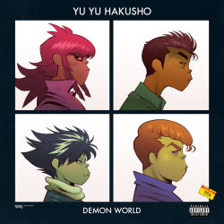 Rule 34 | 4boys, album cover redraw, black hair, brown hair, commentary, copyright name, demon days (gorillaz), derivative work, edwin huang, english commentary, english text, gorillaz, hiei, kurama (yu yu hakusho), kuwabara kazuma, light brown hair, long hair, looking at viewer, looking away, looking to the side, male focus, multiple boys, portrait, profile, red hair, sidelocks, simple background, spiked hair, urameshi yuusuke, white background, yuu yuu hakusho