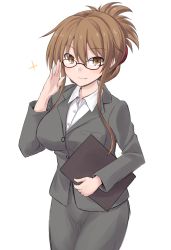 Rule 34 | 1girl, absurdres, adjusting eyewear, alternate breast size, alternate costume, bespectacled, blouse, breasts, brown eyes, brown hair, closed mouth, folded ponytail, glasses, grey jacket, grey skirt, highres, inazuma (kancolle), jacket, kantai collection, kokutou nikke, large breasts, long sleeves, looking at viewer, notepad, office lady, aged up, pencil skirt, salute, shirt, sidelocks, simple background, skirt, smile, solo, sparkle, upper body, white background, white shirt