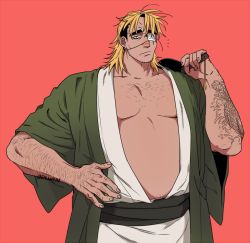 Rule 34 | 1boy, arm hair, arm tattoo, balnom, bara, belly, black hair, blonde hair, carrying over shoulder, chest hair, eyepatch, facial hair, feet out of frame, haori, japanese clothes, kimono, large pectorals, looking at viewer, male focus, mature male, medium hair, multicolored hair, muscular, muscular male, navel hair, open clothes, open kimono, original, pectoral cleavage, pectorals, plump, sideburns, solo, stomach, stubble, tattoo, thick eyebrows, two-tone hair, undercut, white kimono