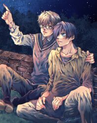 Rule 34 | 2boys, ao no orchestra, aono hajime, arm around shoulder, blue eyes, brick wall, glasses, hair over one eye, highres, kei (aoxxbl), male focus, multiple boys, necktie, night, night sky, outdoors, pants, pointing, saeki nao (ao no orchestra), shoes, sitting, sky, star (sky), starry sky, sweater vest, yaoi