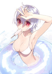 Rule 34 | 1girl, albino, arm up, armpits, bad anatomy, bikini, blush, breasts, cleavage, day, food, hair between eyes, innertube, looking at viewer, medium breasts, mouth hold, ocean, original, partially submerged, popsicle, red eyes, rimo, short hair, solo, swim ring, swimsuit, twisted torso, twitter username, white bikini, white hair