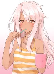 Rule 34 | 1girl, bare shoulders, blush, brushing teeth, chloe von einzbern, dark-skinned female, dark skin, fate/kaleid liner prisma illya, fate (series), gradient background, hechi (hechi322), long hair, looking at viewer, orange eyes, pink background, pink hair, shirt, solo, striped clothes, striped shirt, toothbrush, toothbrush in mouth, upper body, white background