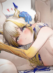 Rule 34 | 3girls, absurdres, arknights, blonde hair, blue hair, blush, breasts, close-up, colored extremities, dragon girl, dragon horns, green eyes, grey hair, hair intakes, hand on another&#039;s head, heart, highres, horns, lap pillow, ling (arknights), long hair, looking at viewer, lying, multicolored hair, multiple girls, nipples, no earrings, nude, on side, paid reward available, parted lips, pointy ears, shu (arknights), small breasts, solo focus, streaked hair, sweat, tab head, twitching