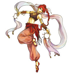 Rule 34 | 1girl, breasts, brown hair, cleavage, dancing, fire emblem, fire emblem: the sacred stones, full body, highres, long hair, medium breasts, nintendo, official art, see-through, simple background, smile, solo, tethys (fire emblem), transparent background, wada sachiko, white background