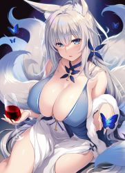 Rule 34 | 1girl, animal ear fluff, animal ears, azur lane, blue butterfly, blue dress, blue eyes, breasts, bug, butterfly, butterfly hair ornament, cleavage, collarbone, covered erect nipples, cup, dress, feather boa, fox ears, fox tail, glass, hair ornament, halter dress, halterneck, highres, holding, holding cup, huge breasts, insect, long hair, looking at viewer, multiple tails, official alternate costume, open mouth, shinano (azur lane), shinano (dreams of the hazy moon) (azur lane), silver hair, sitting, skindentation, sleeveless, sleeveless dress, solo, tail, white tail, yuzu modoki