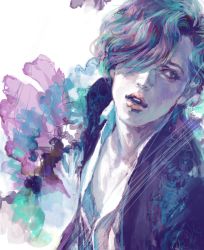 Rule 34 | 1boy, androgynous, as (ashes), blue eyes, brown hair, flower, hair over one eye, looking to the side, male focus, open clothes, open mouth, open shirt, original, shirt, simple background, solo, unbuttoned, upper body, wavy hair